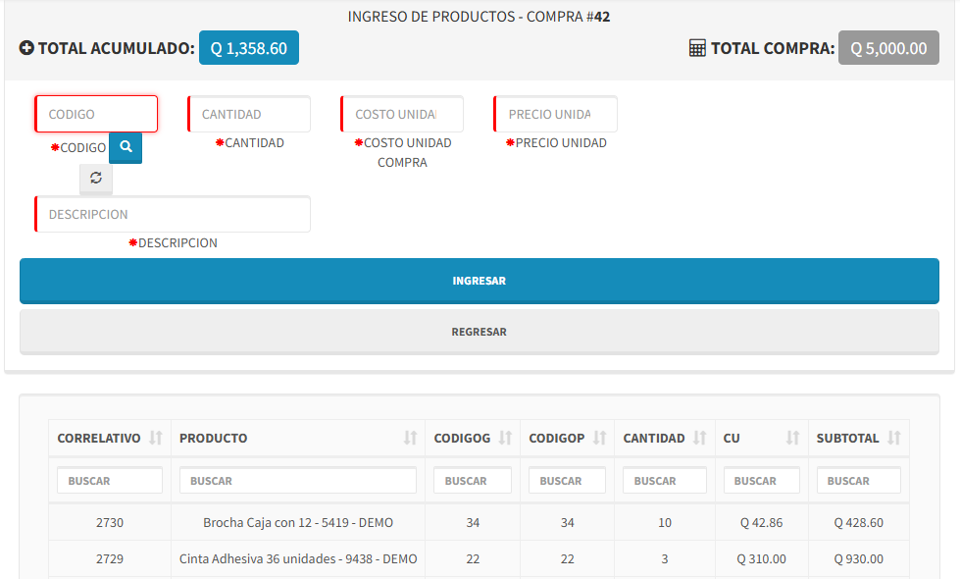 Ingreso de productos de la compra
