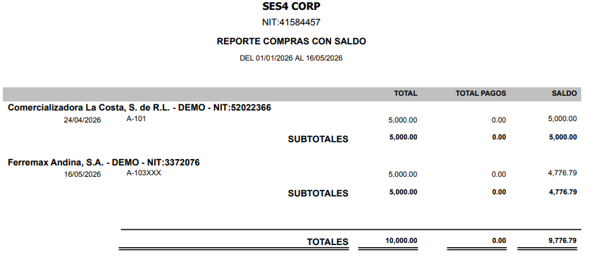 Reporte Compras con Saldo